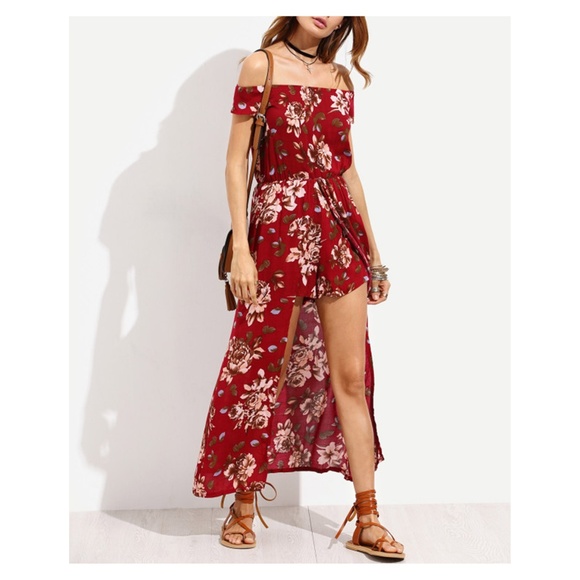 MBM Unlimited Dresses & Skirts - Red Floral Off the Shoulder High Low Romper